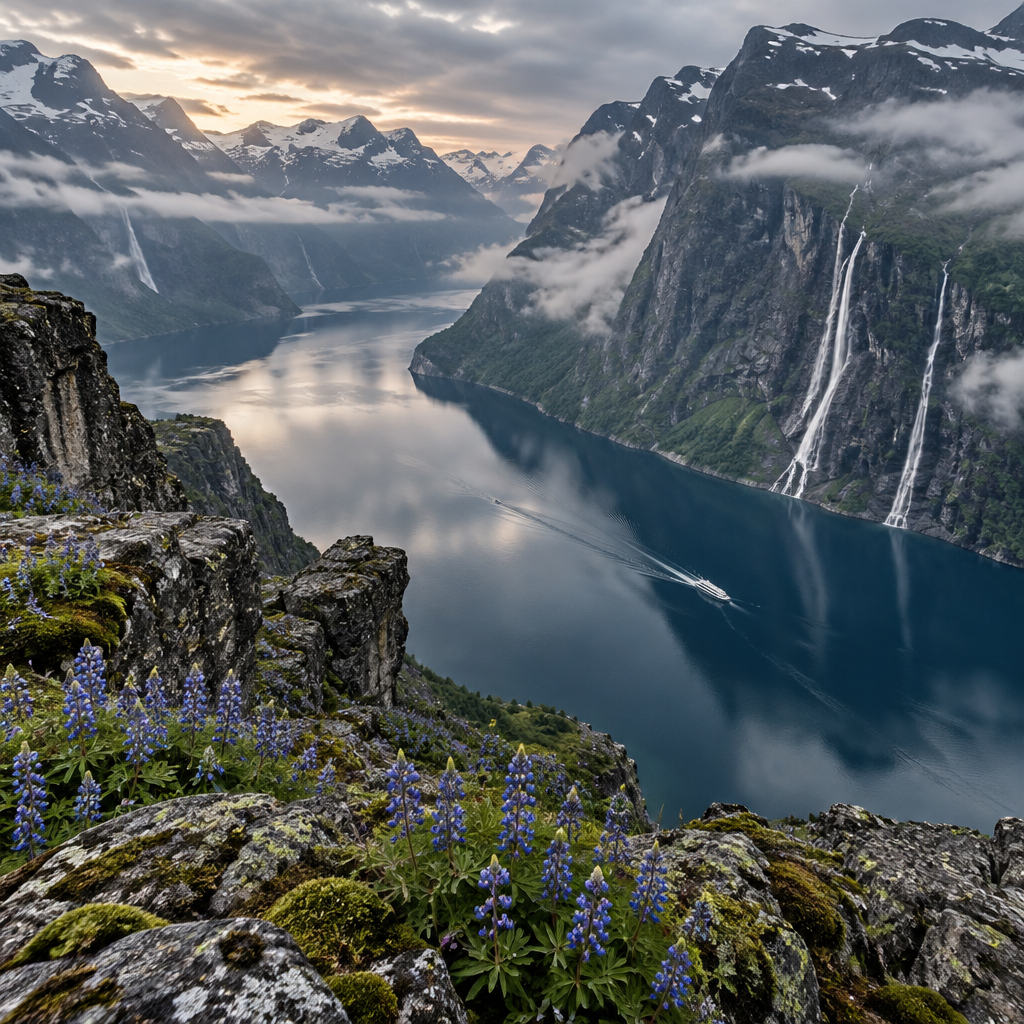 Breathtaking high-angle photo of sheer rocky cliffs plunging into a deep blue Norwegian fjord under misty skies