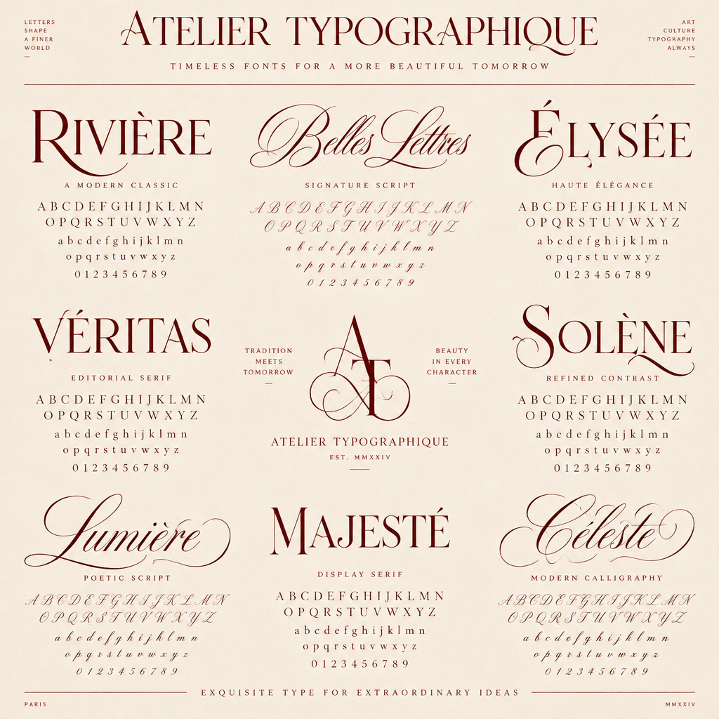 High-fashion editorial typeface specimen sheet displaying elegant serif ligatures and cursive calligraphy