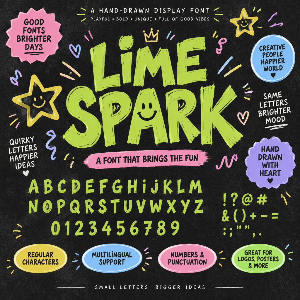 Playful hand-drawn doodle display font in bright lime green with fun confetti shapes on black paper