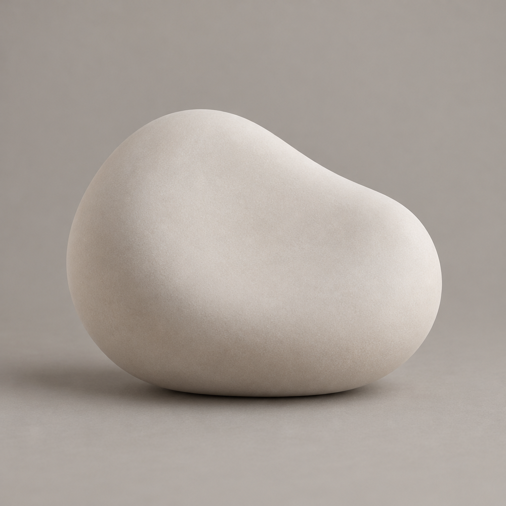 Smooth rounded organic sculpture with matte pastel ceramic texture on a plain neutral background