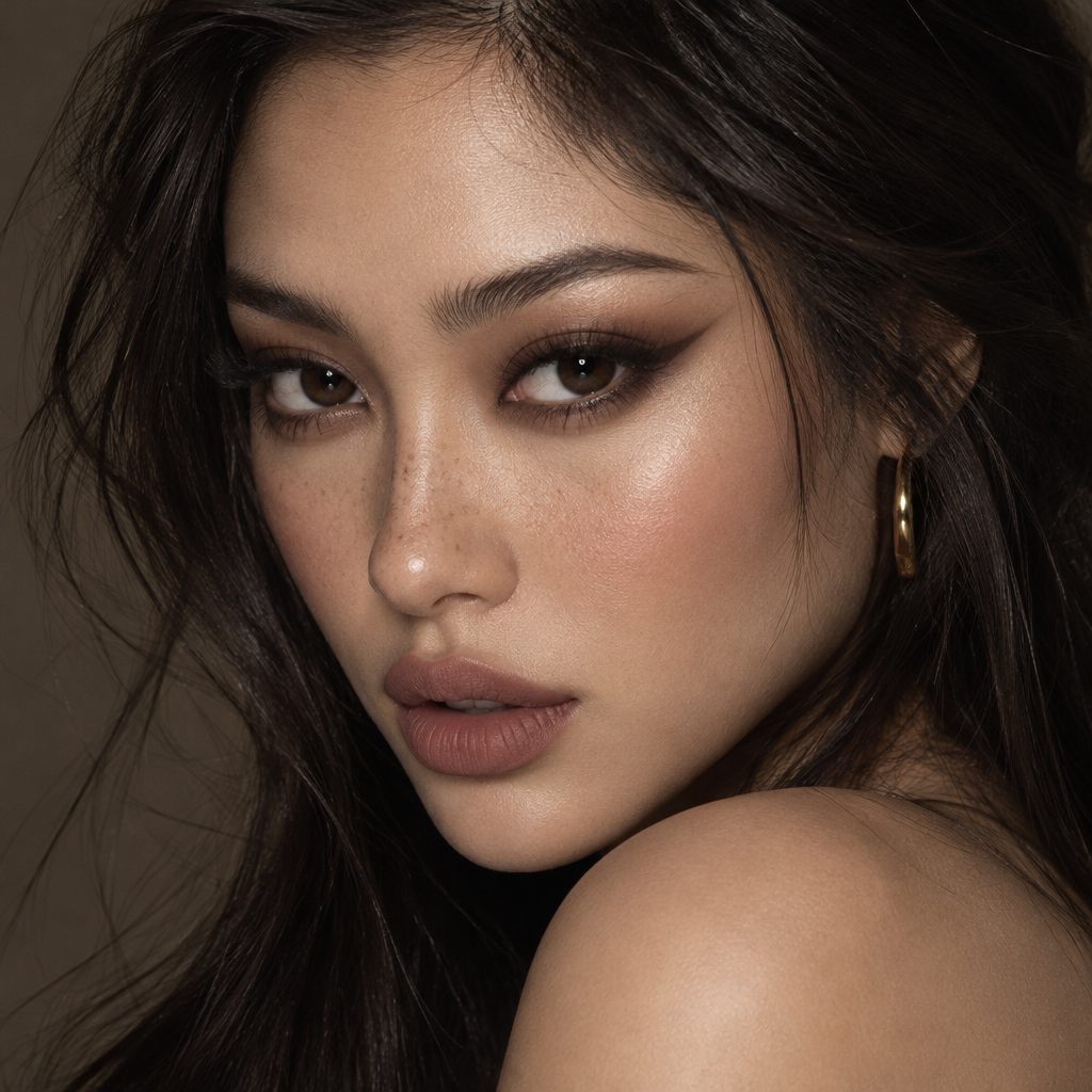 Sultry beauty headshot featuring dramatic smudged brown siren eyes and velvety mauve matte lips