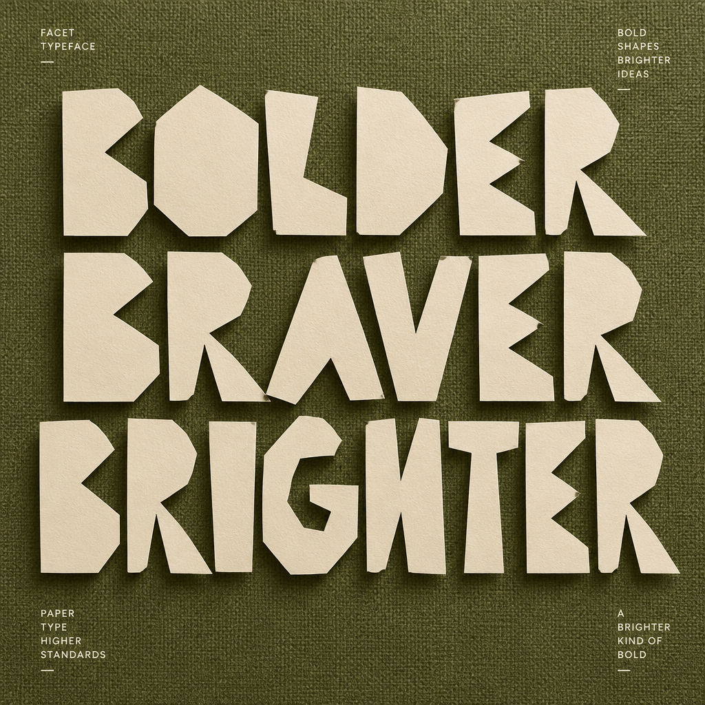 Brutalist geometric papercut typography display with faceted cut-out letterforms on textured fabric
