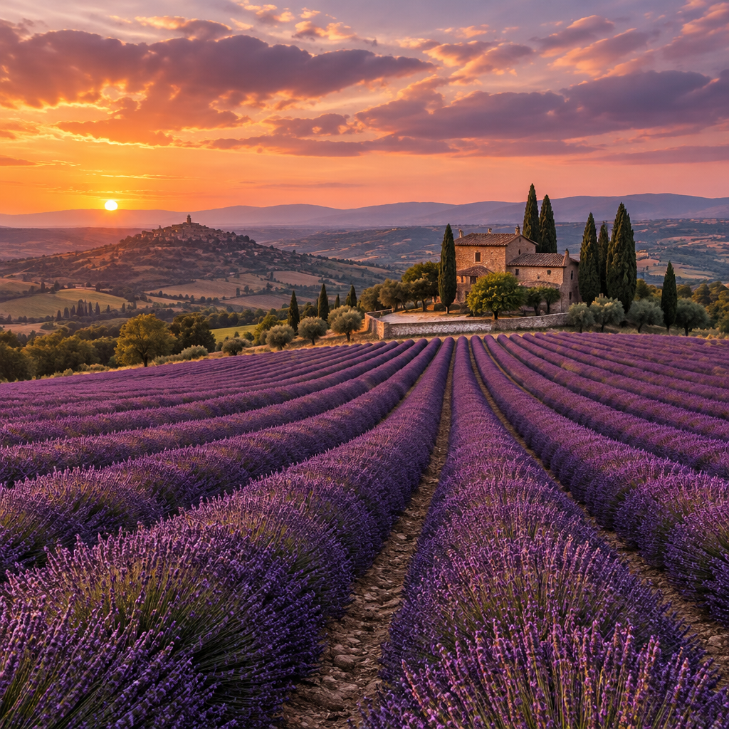Panoramic view of endless symmetrical purple lavender rows undulating toward rolling hills under a warm sunset sky
