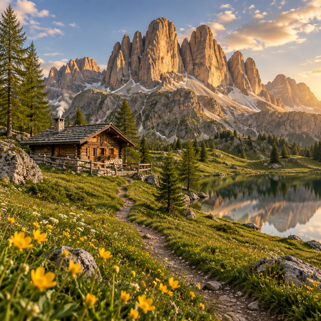 Sun-drenched alpine meadow filled with yellow wildflowers leading to a rustic timber log cabin beneath dramatic peaks