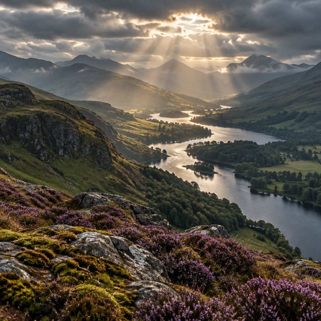 Lush emerald green rolling hills with dramatic sunbeams breaking through clouds over a winding river valley