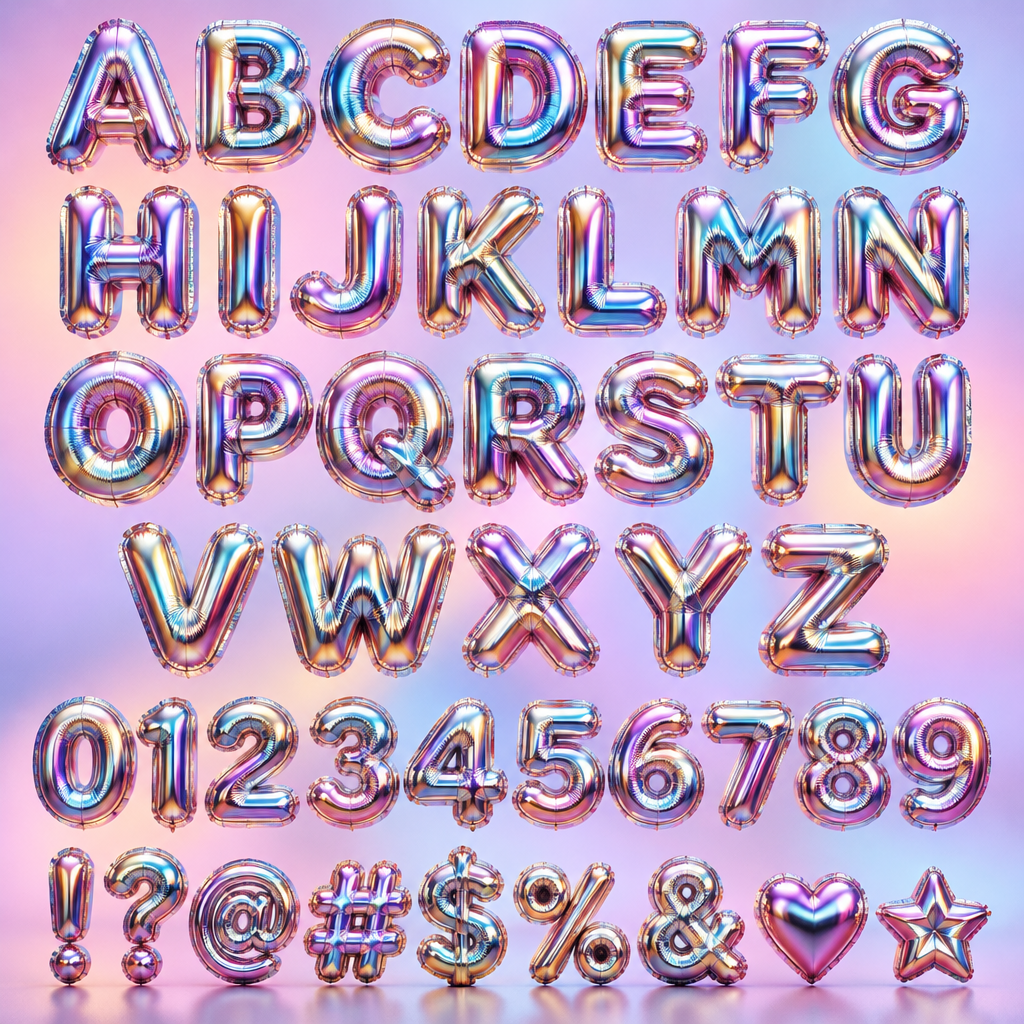 Shiny 3D inflated mylar foil balloon letterforms with realistic crinkled seams in vibrant metallic rainbow colors