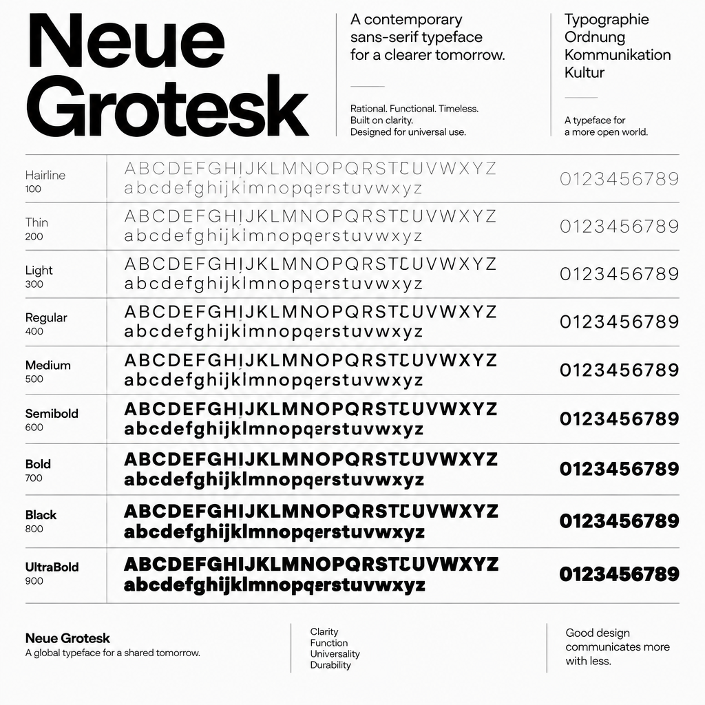 Minimalist Swiss neo-grotesque sans-serif font specimen poster with disciplined grid layout and stark contrast