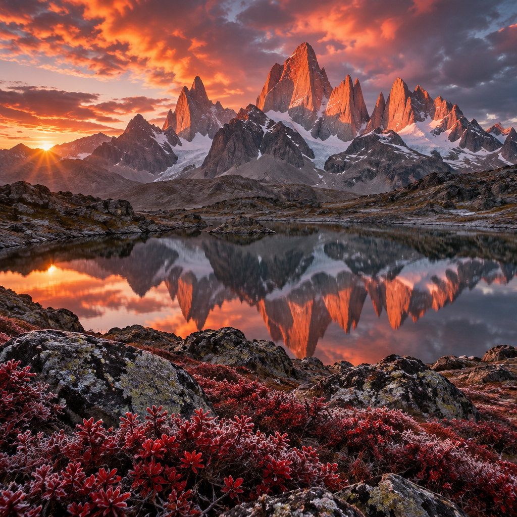 Dramatic sunrise photo of fiery rose-gold alpenglow illuminating jagged granite peaks reflected in a calm tarn
