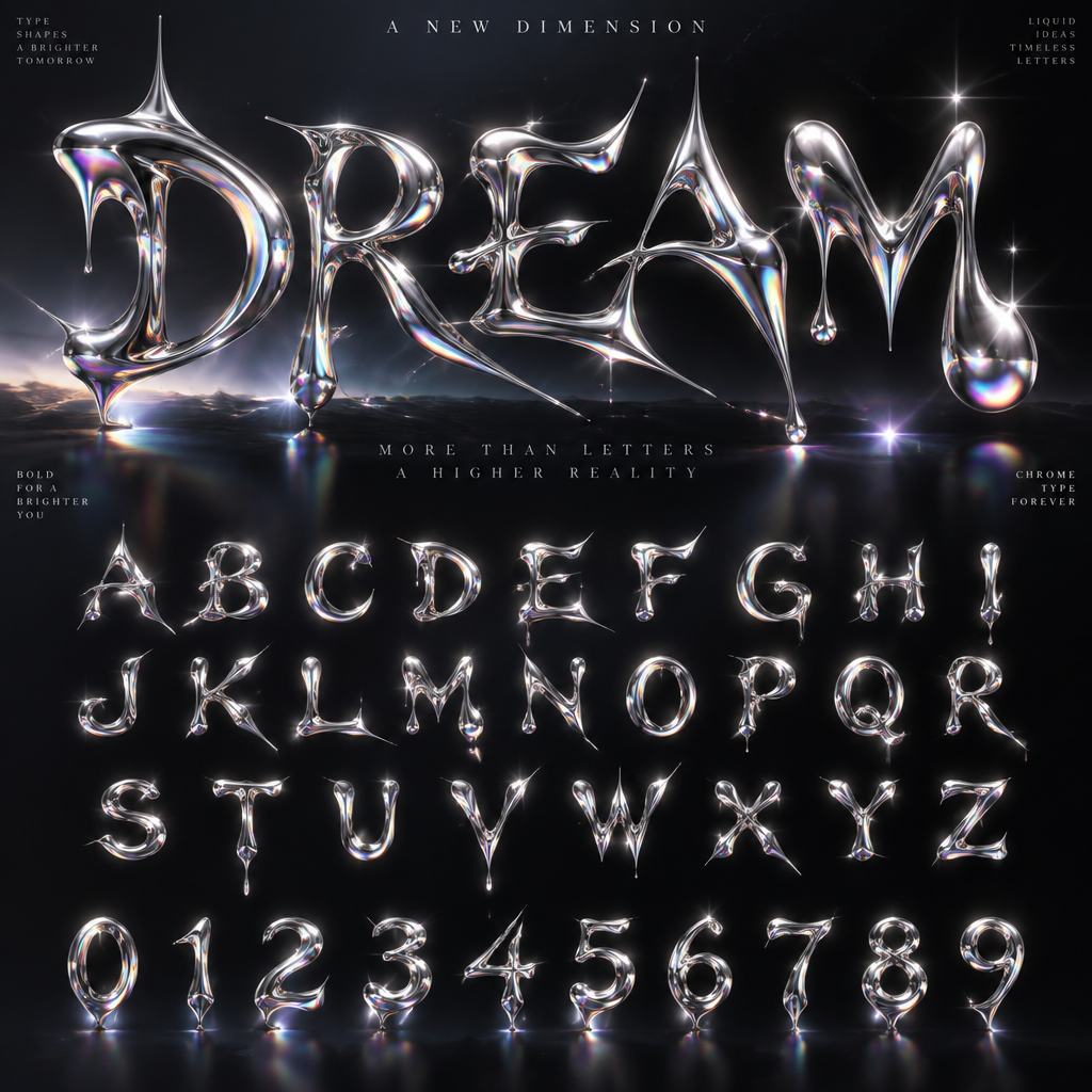 Futuristic Y2K molten liquid chrome metallic lettering with sharp fluid spiky strokes on dark background