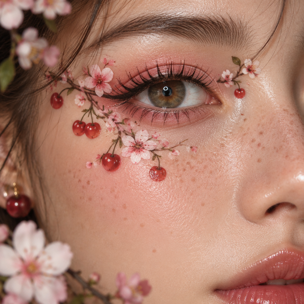 Macro beauty close-up of intricate hand-drawn cherry vine graphic eyeliner with soft pink eyeshadow