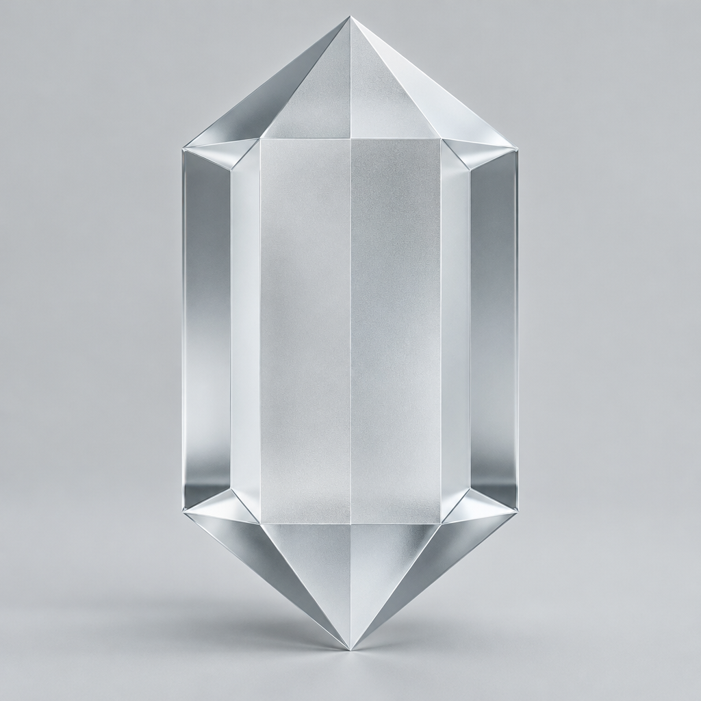 Mathematically precise geometric crystal prism with sharp beveled facets and frosted glass material
