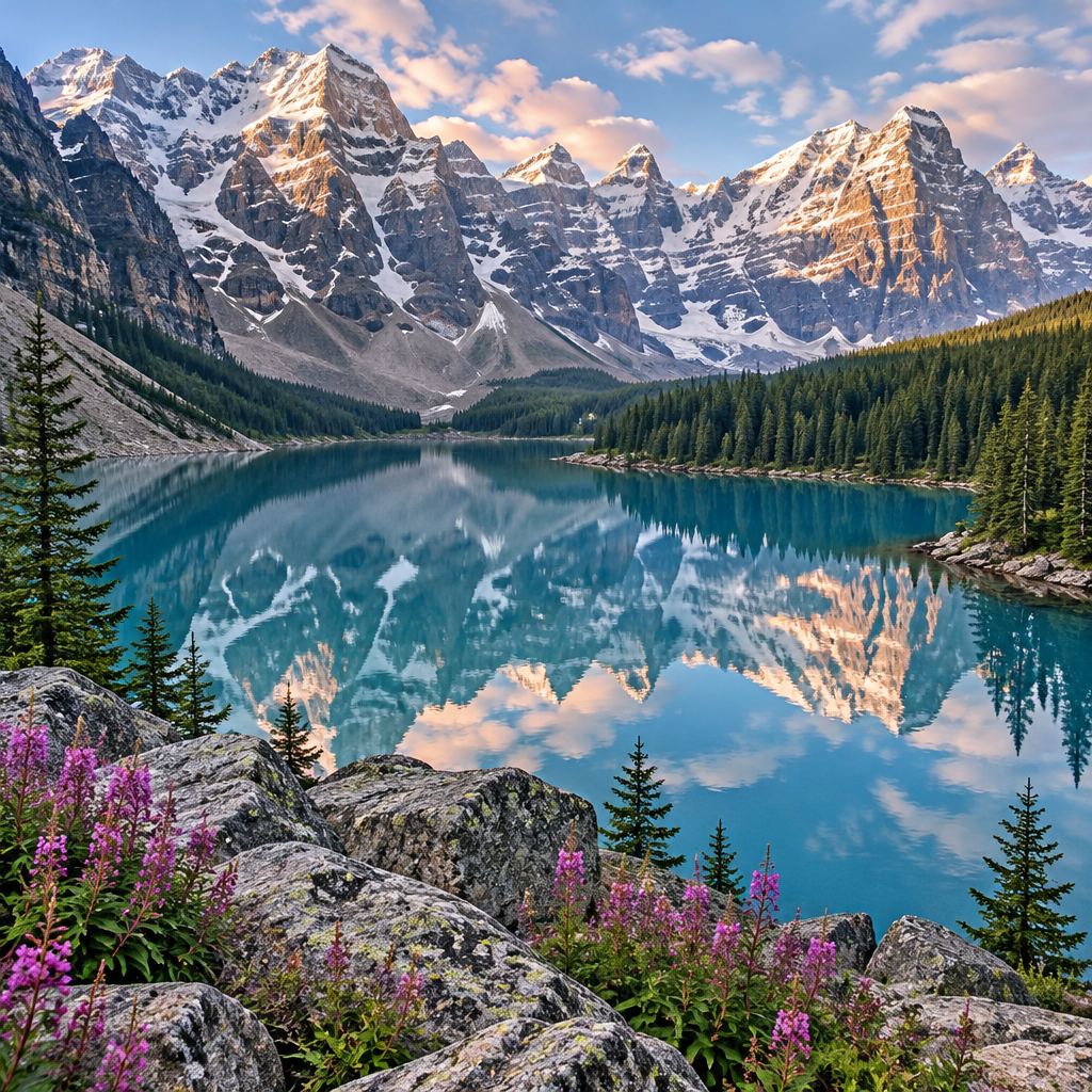 Majestic landscape photo of a turquoise glacial lake with flawless mirror reflections of snow-dusted jagged mountain peaks