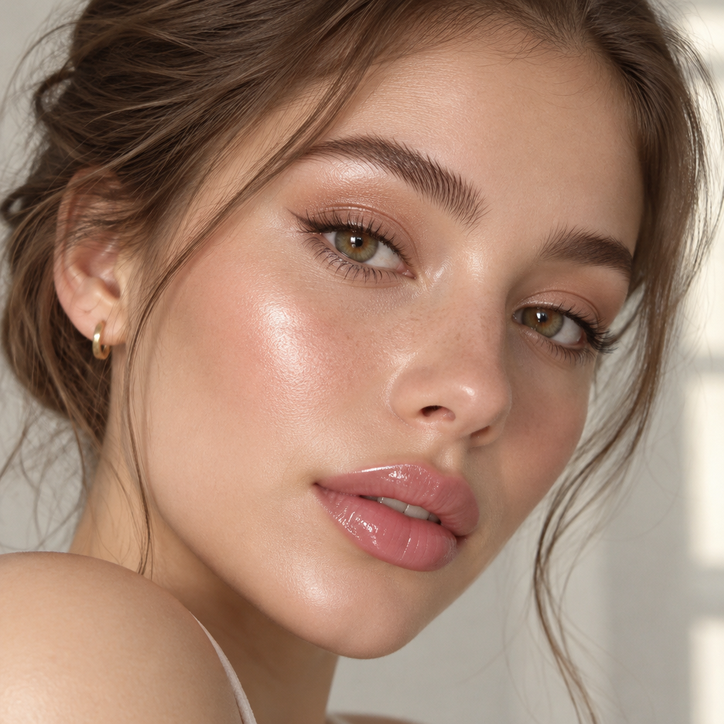 Minimalist clean girl beauty portrait with luminous dewy glass skin and soft pink glossy lips