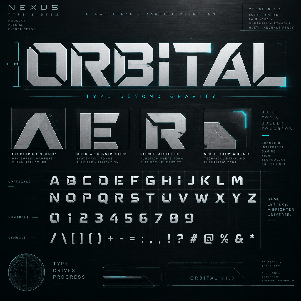 Futuristic geometric modular sans-serif font specimen with stenciled cutouts and glowing cyan accents