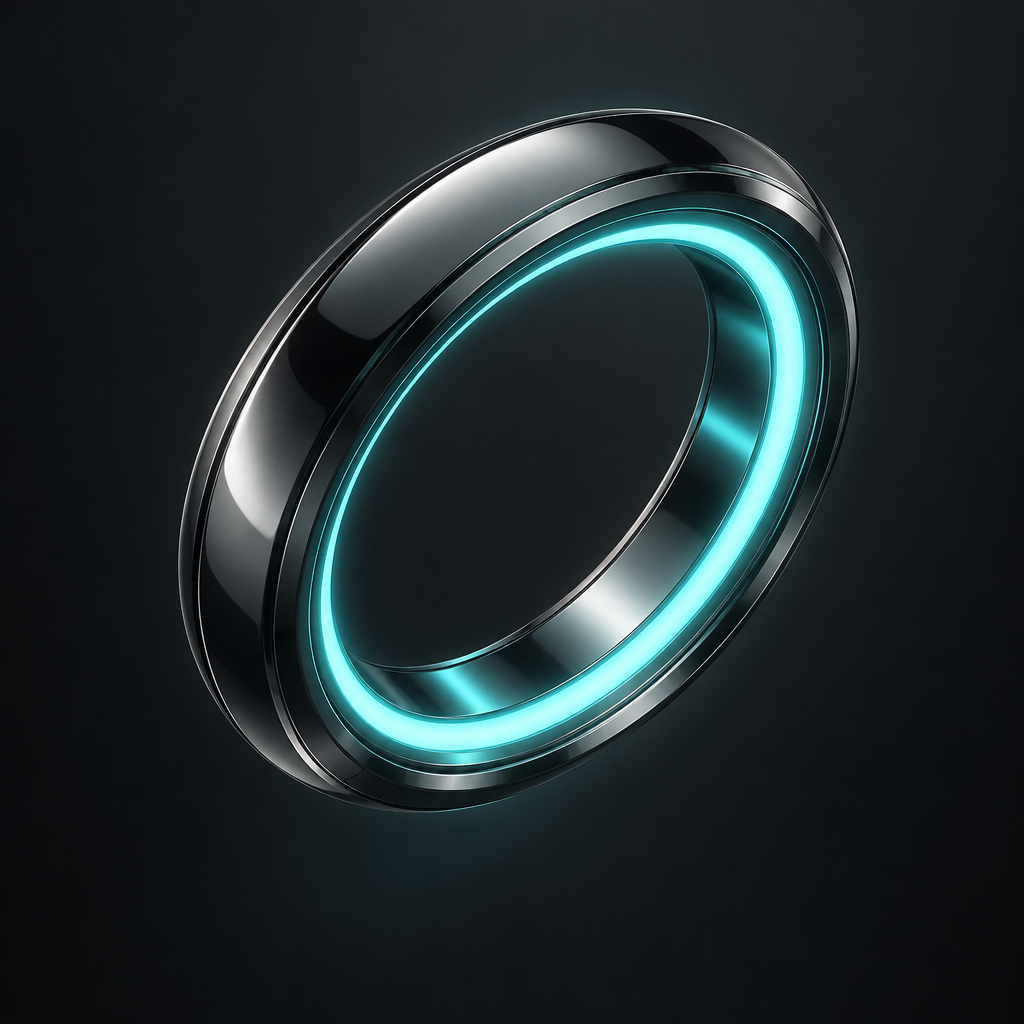 Futuristic dark chrome torus ring featuring an integrated glowing neon light channel