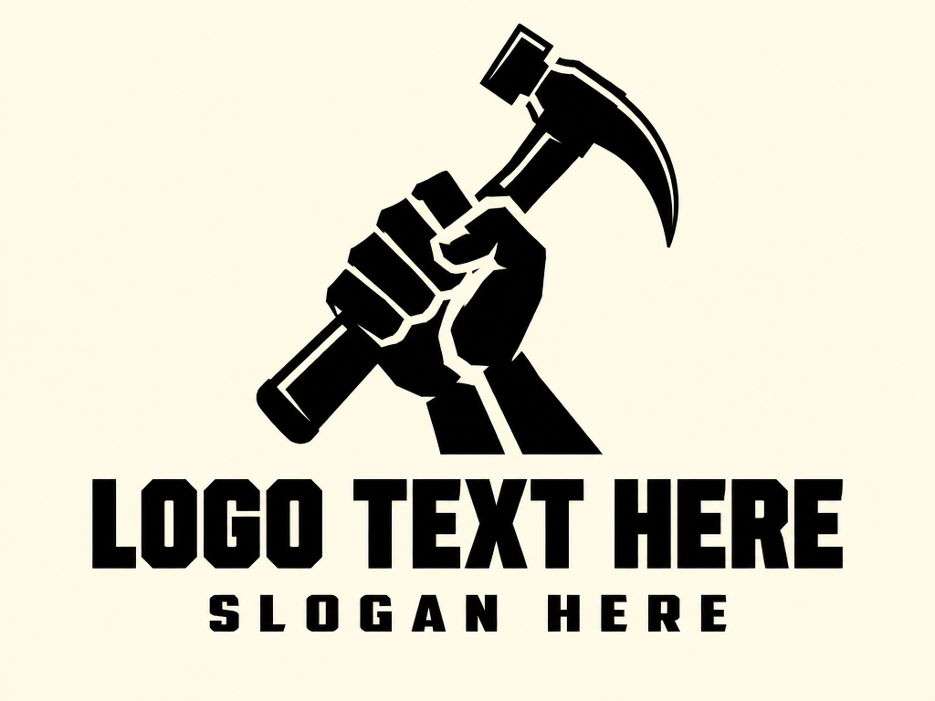 Brutalist industrial fist gripping claw hammer logo with placeholder text