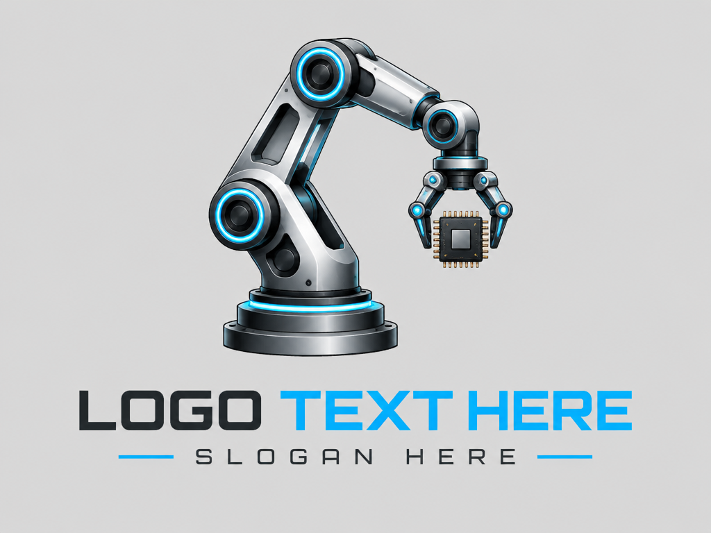 Modern geometric industrial robotic arm engineering logo with placeholder text