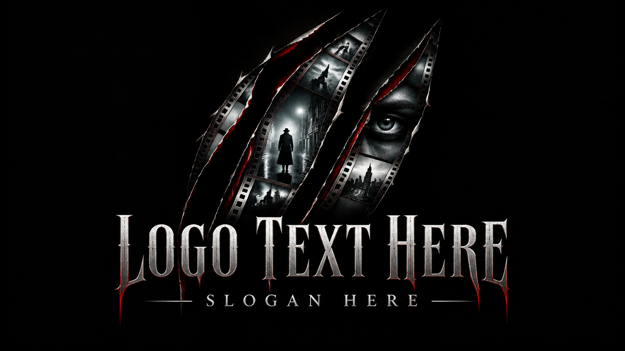 Mysterious dark noir movie logo design with sharp shadowy film elements and high-contrast text 'LOGO TEXT HERE'