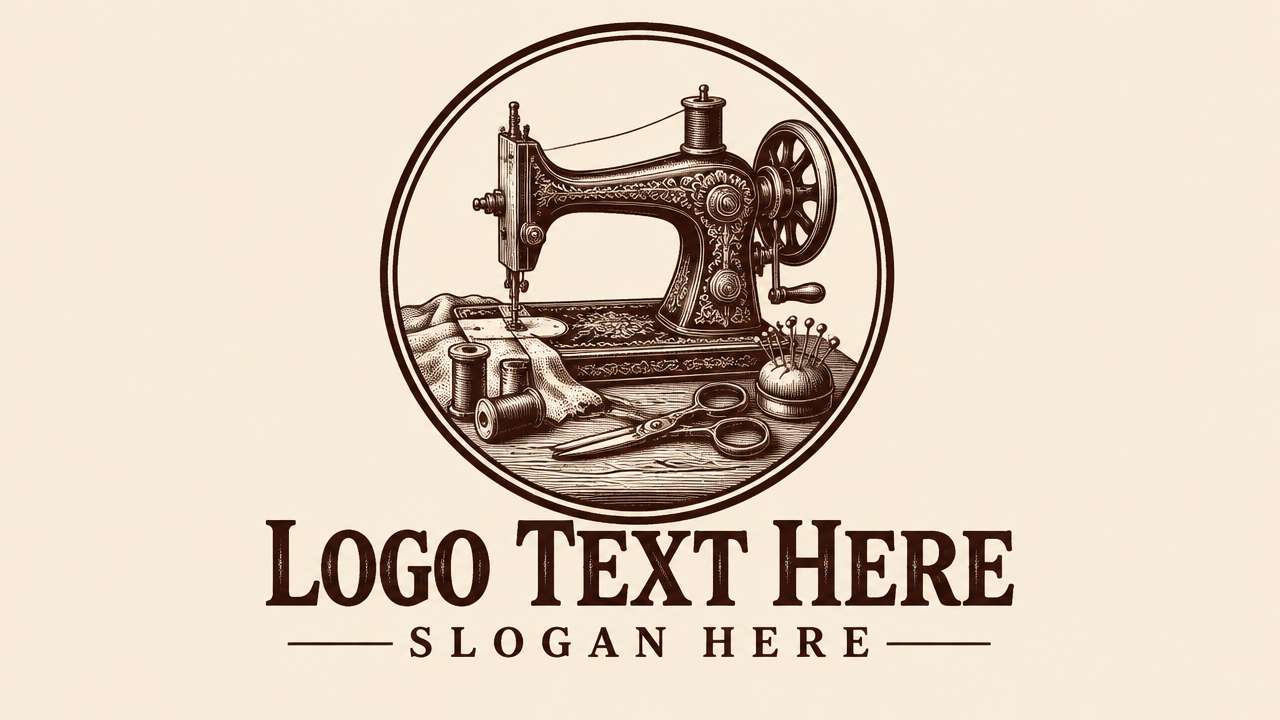 Retro circular woodcut sewing machine logo with placeholder text