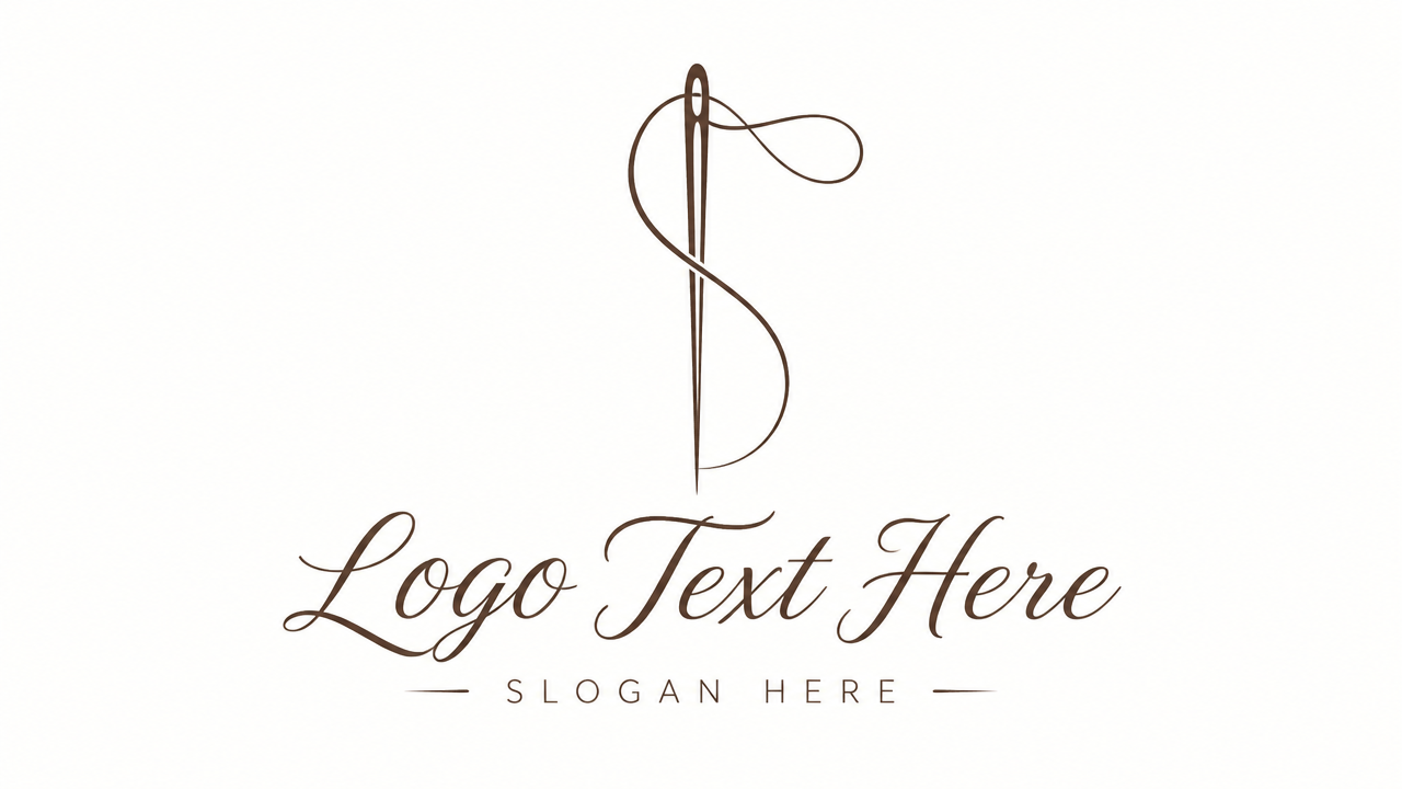 Elegant minimalist sewing needle and flowing thread loop logo with placeholder text