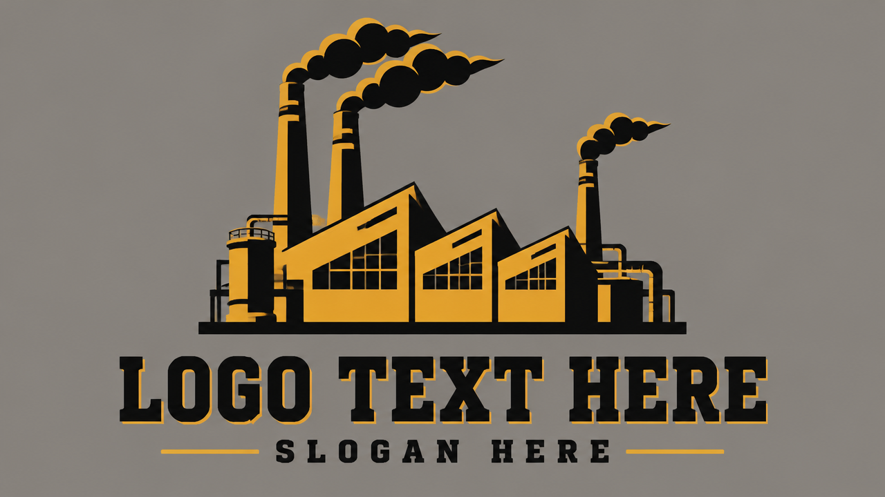 Bold graphic manufacturing plant factory logo with smokestacks and placeholder text