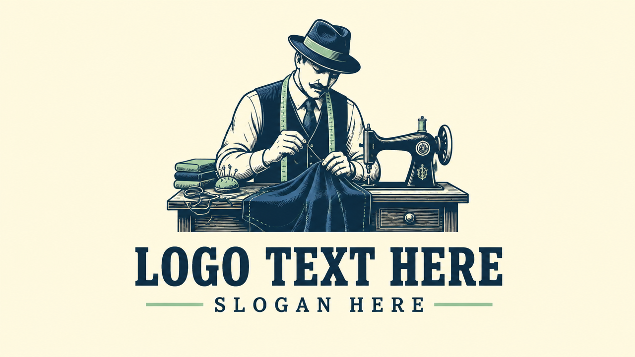 Vintage craftsman tailor working at a sewing machine logo with placeholder text