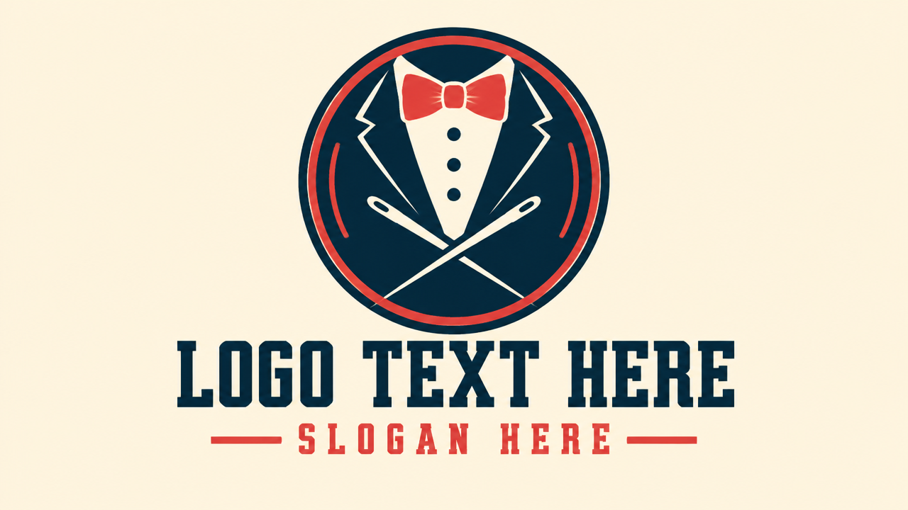Retro tuxedo lapel and bow tie badge logo with crossed needles and placeholder text