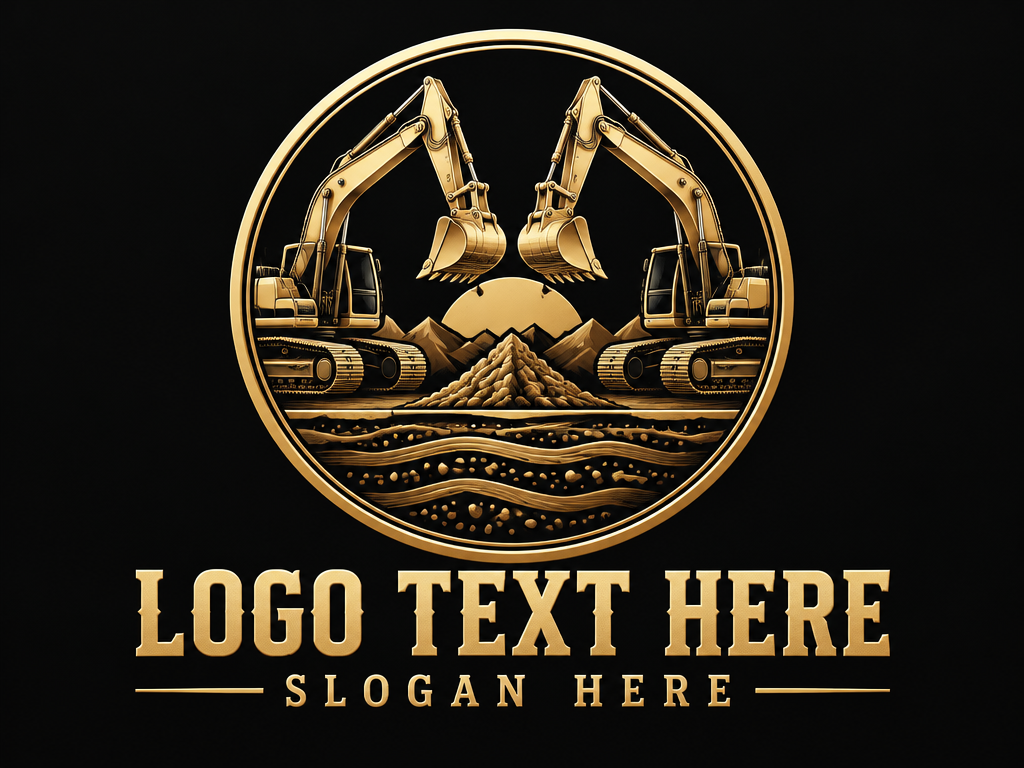 Vintage gold circular crest with twin heavy excavators logo and placeholder text