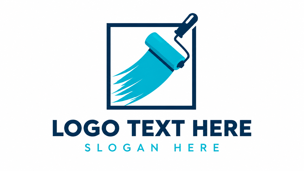 Modern square frame paint roller logo with teal brush stroke and placeholder text