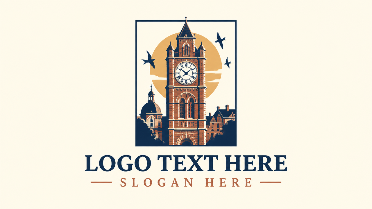 Vintage flat vector historic clock tower building logo with birds and placeholder text