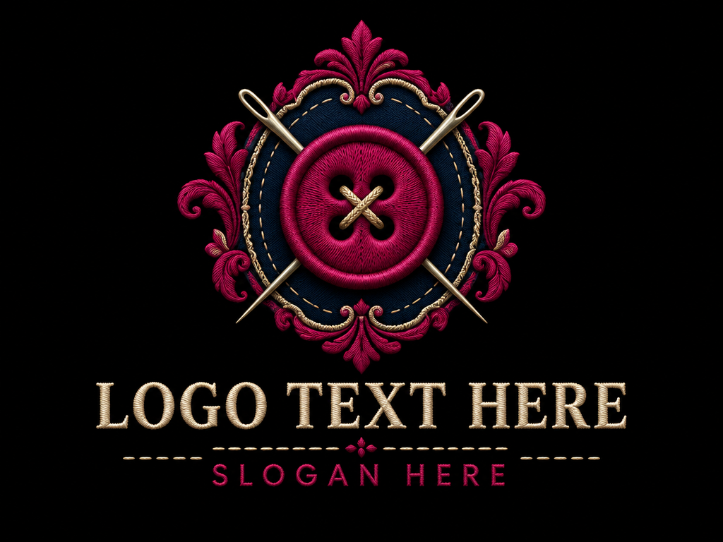  Ornate vintage four-hole button and crossed needles badge logo with placeholder text