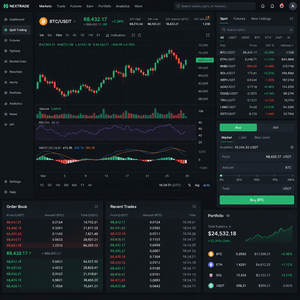 Professional dark mode financial trading terminal showing multi-window grids and green/red candlestick charts