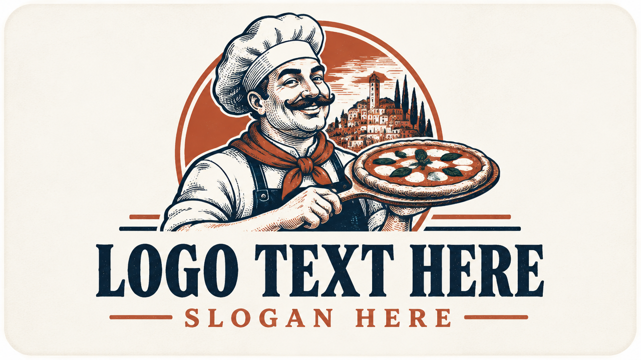 Rustic Italian pizza chef mascot logo design template with placeholder text