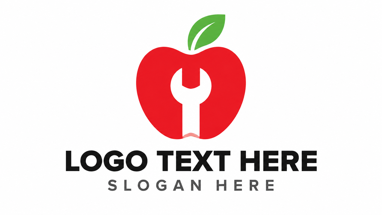 Creative modern logo blending an apple silhouette with a wrench cutout and placeholder text