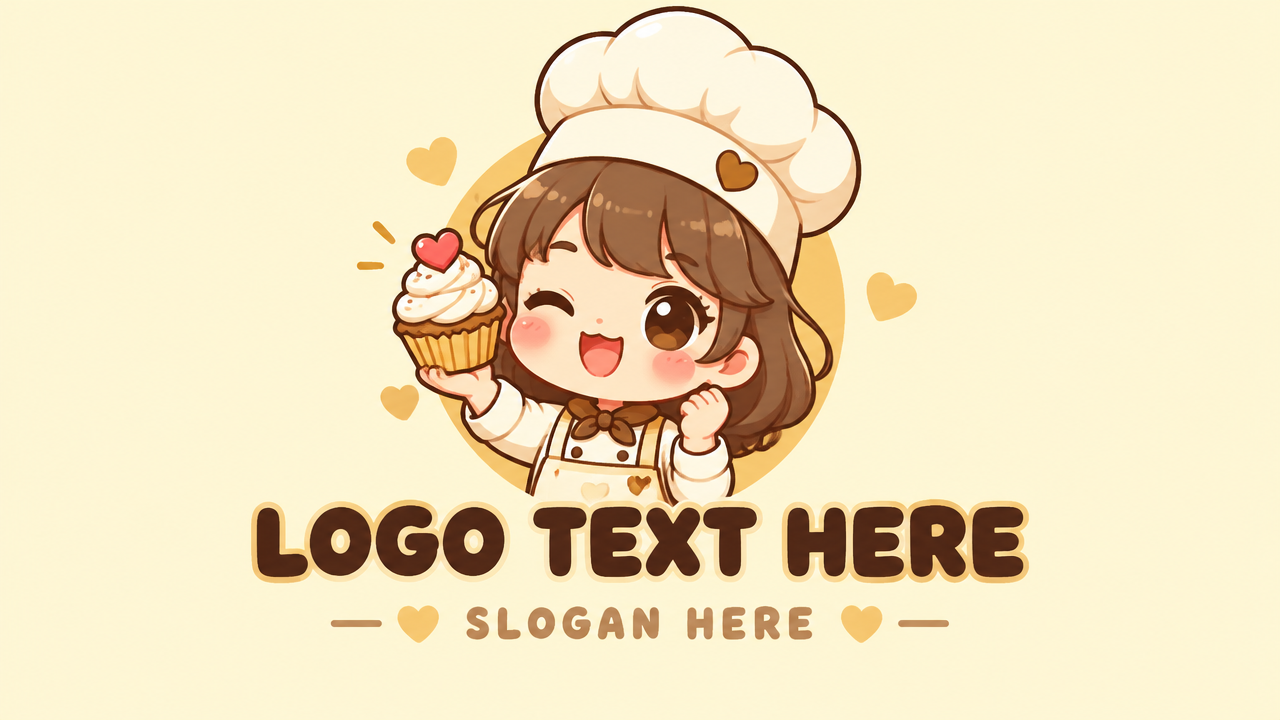 Cute cartoon girl baker mascot logo design template with placeholder text