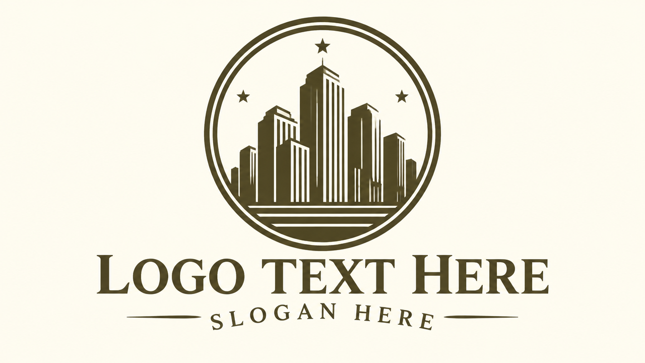 Circular retro seal logo featuring cluster of high-rise skyscrapers with placeholder text