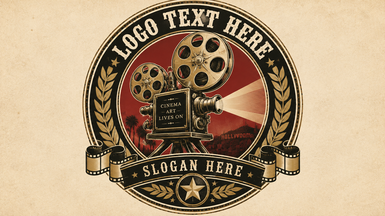 Vintage retro cinema emblem logo featuring a retro film projector and classic badge typography with 'LOGO TEXT HERE'