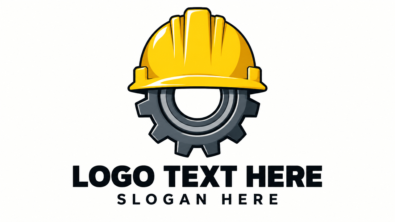Industrial yellow safety hardhat and gear logo with placeholder text
