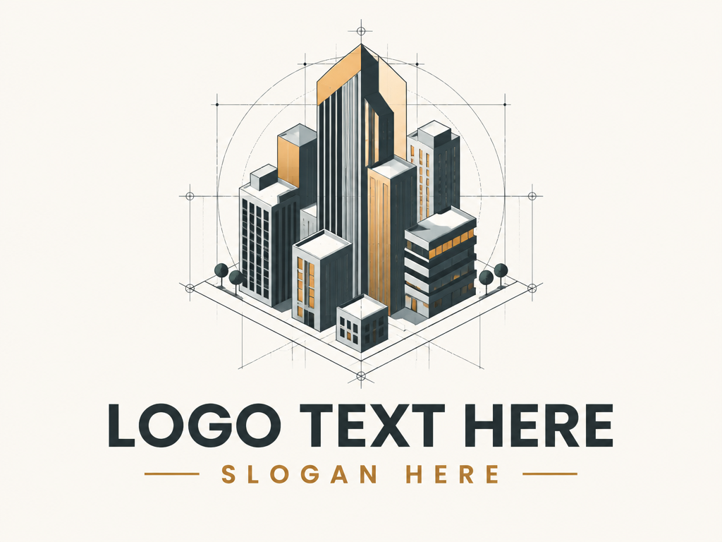 Modern isometric architectural wireframe city buildings logo with placeholder text