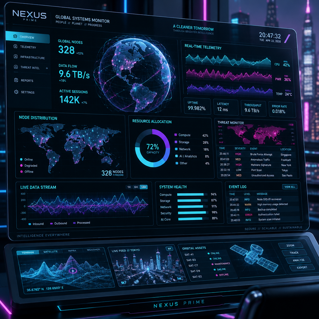 Futuristic angled holographic data terminal with glowing neon cyan and magenta HUD overlays and telemetry waveforms