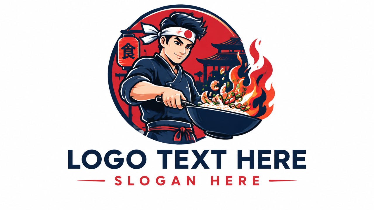 Dynamic modern Asian wok chef vector logo template with placeholder text