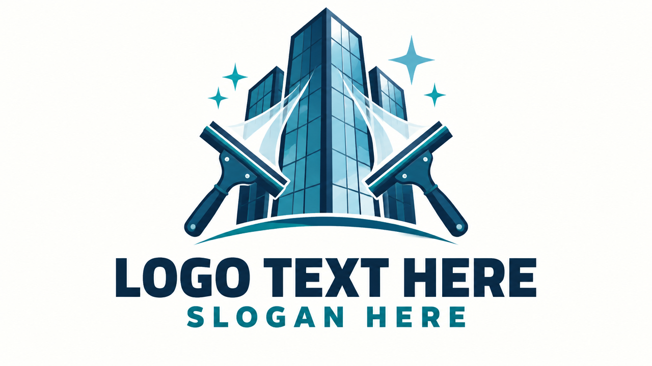Modern building maintenance logo with squeegees cleaning a skyscraper and placeholder text