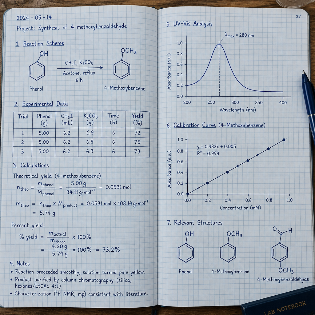 Physical blue grid paper laboratory research notebook with handwritten formulas and structural data tables