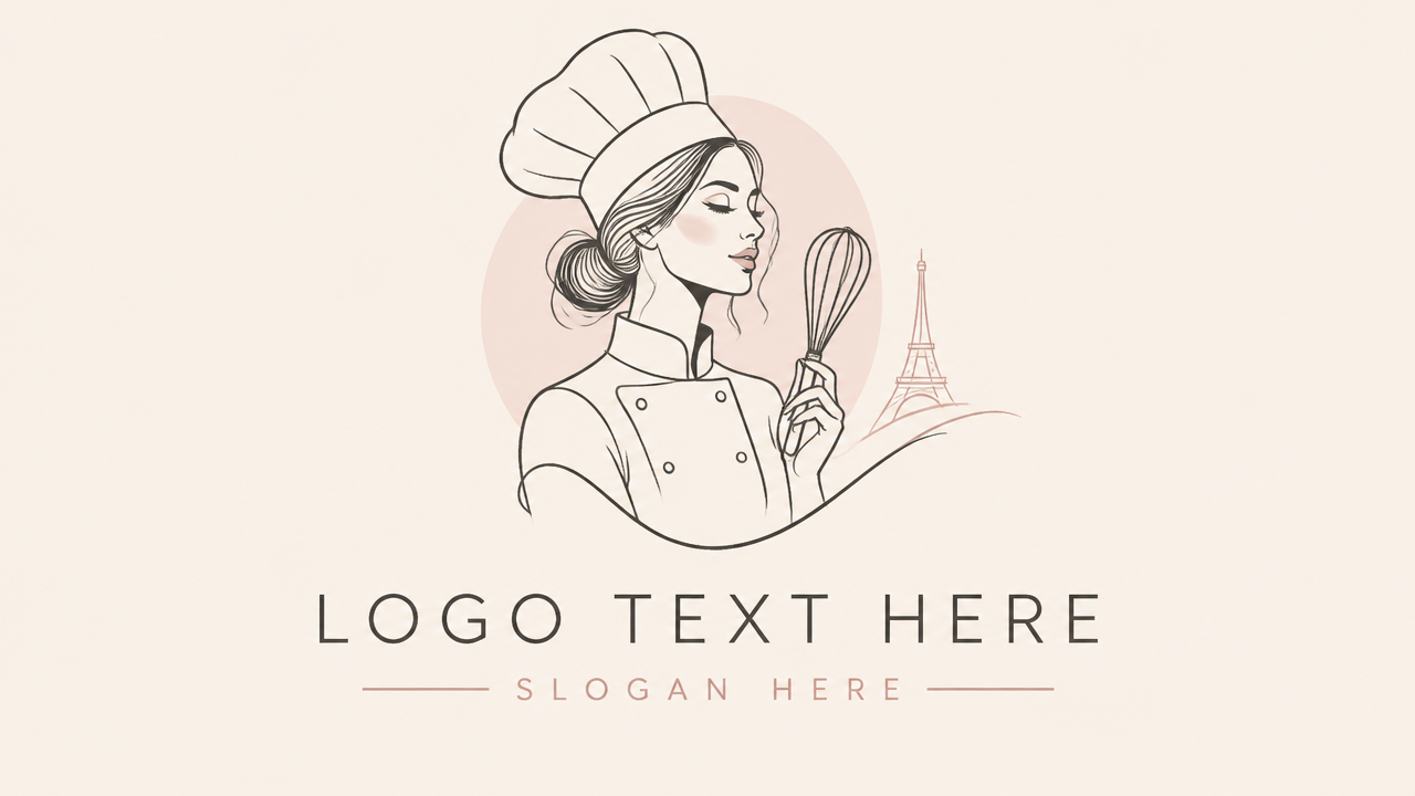 Elegant female pastry chef line art logo design template with placeholder text