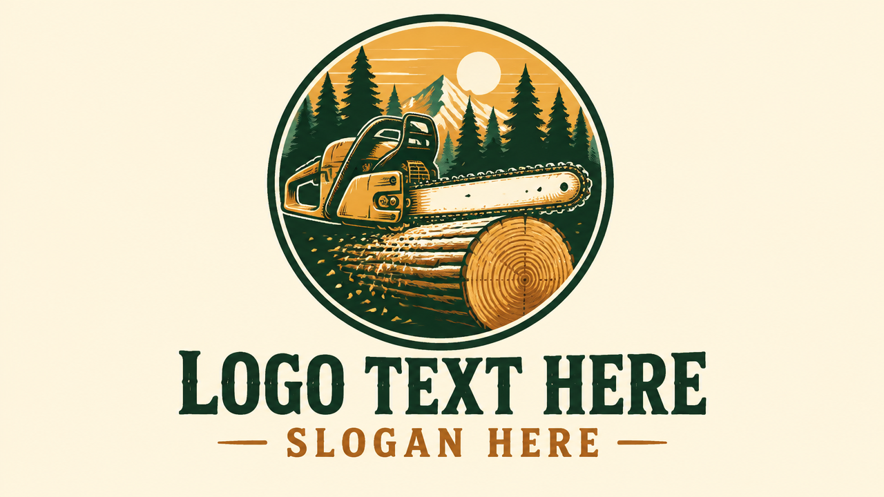 Vintage circular badge logo of a chainsaw and forest pines with placeholder text