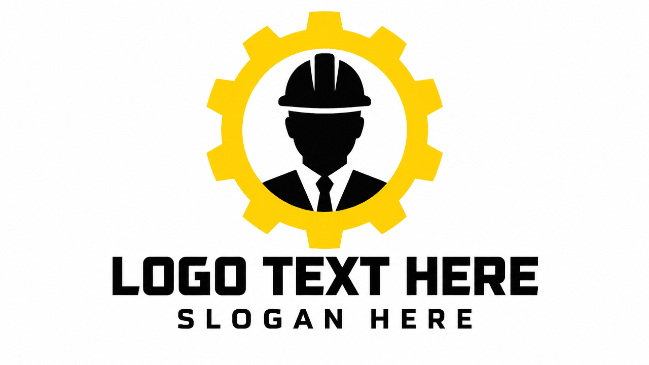 Industrial yellow gear framing engineer silhouette logo with placeholder text