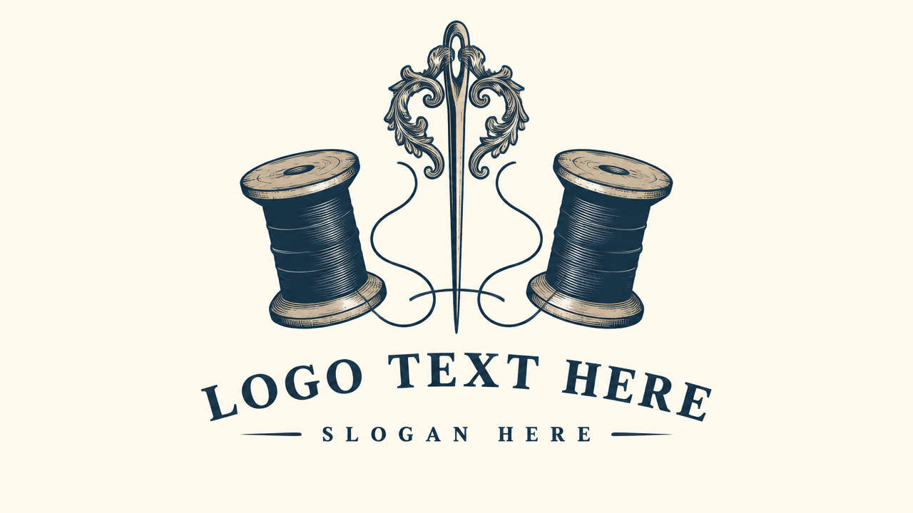 Classic vintage twin thread spools with ornate needle logo and placeholder text