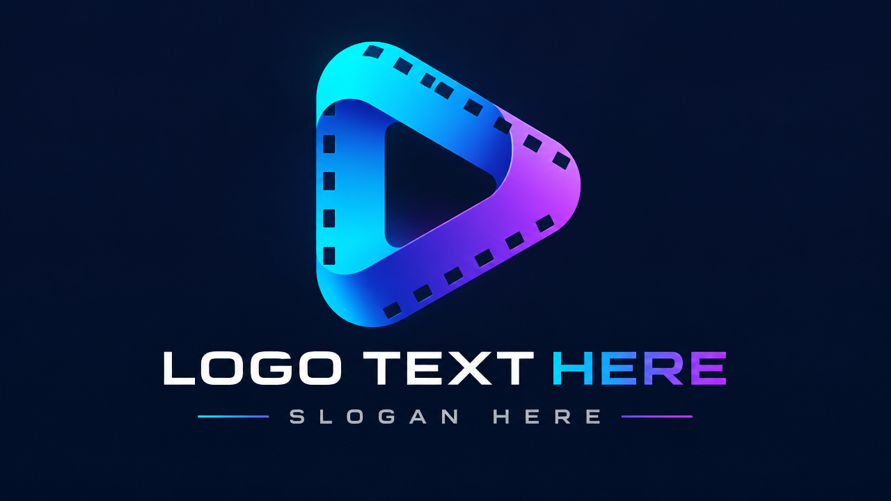 Modern gradient streaming media logo mockup with a futuristic play button and film strip in cyan and purple