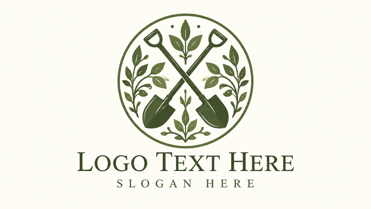 Elegant circular botanical logo with crossed gardening shovels and placeholder text