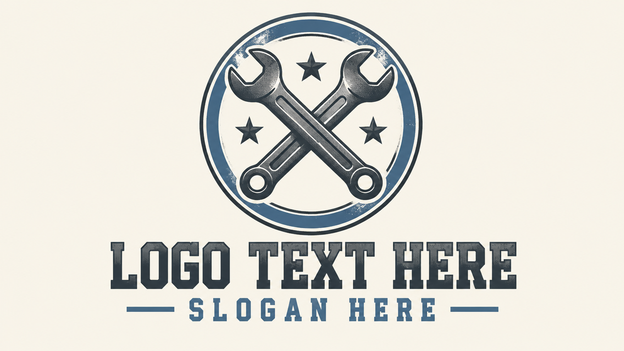 Vintage circular stamp logo with crossed mechanic wrenches and placeholder text